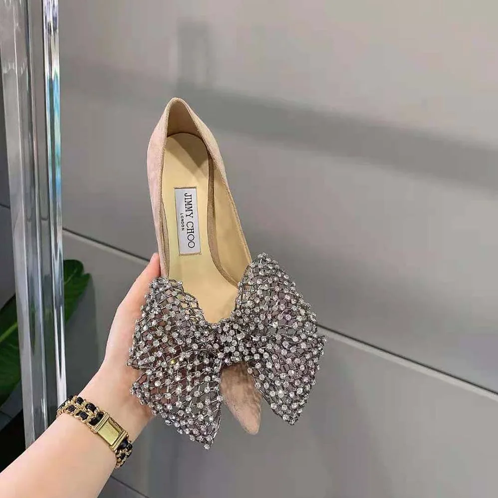 Jimmy Choo Seka 100 Ballet Pink Suede Pumps with Crystal Bow Clasp for Women