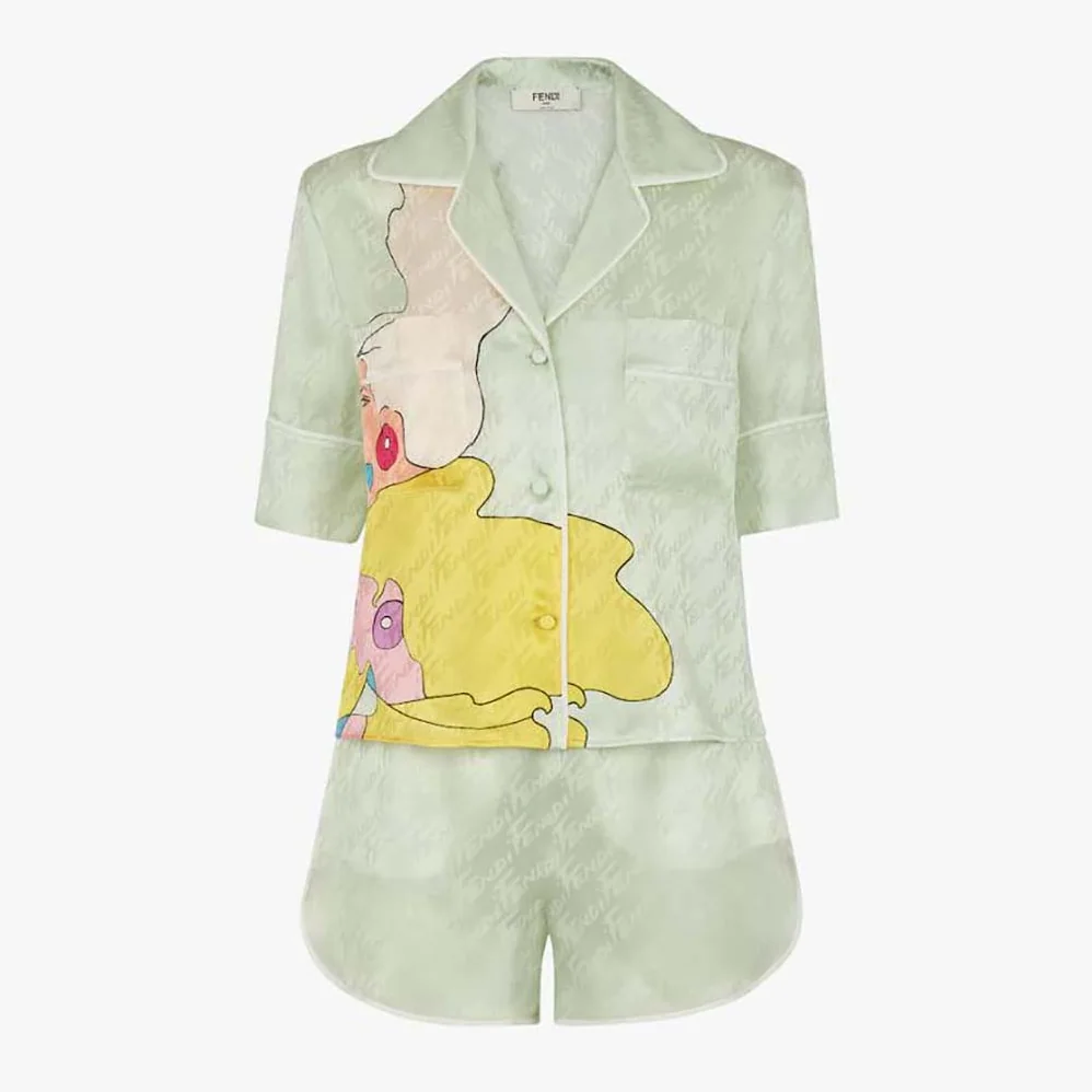 Fendi Pajama Set Multicolor Silk Pajama Set for Women in Lime