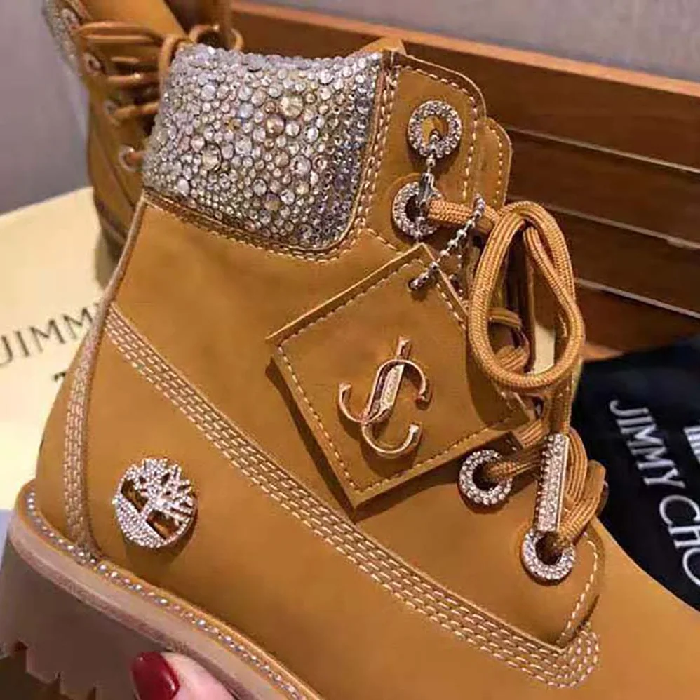 Jimmy Choo JC X Timberland/F Wheat Nubuck Leather Boots with Crystal Collar for Women Jimmy Choo JC X Timberland/F Wheat Nubuck Leather Boots with Crystal Collar for Women