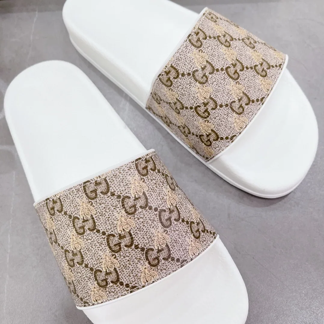 Gucci GG Slide Sandal With Bees White And Brown for Women Gucci GG Slide Sandal With Bees White And Brown for Women