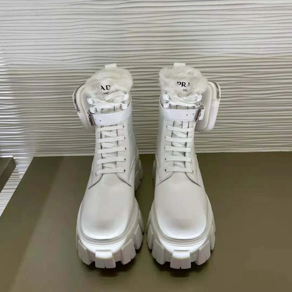 Prada Monolith Leather and Nylon Biker Boots for Women in White