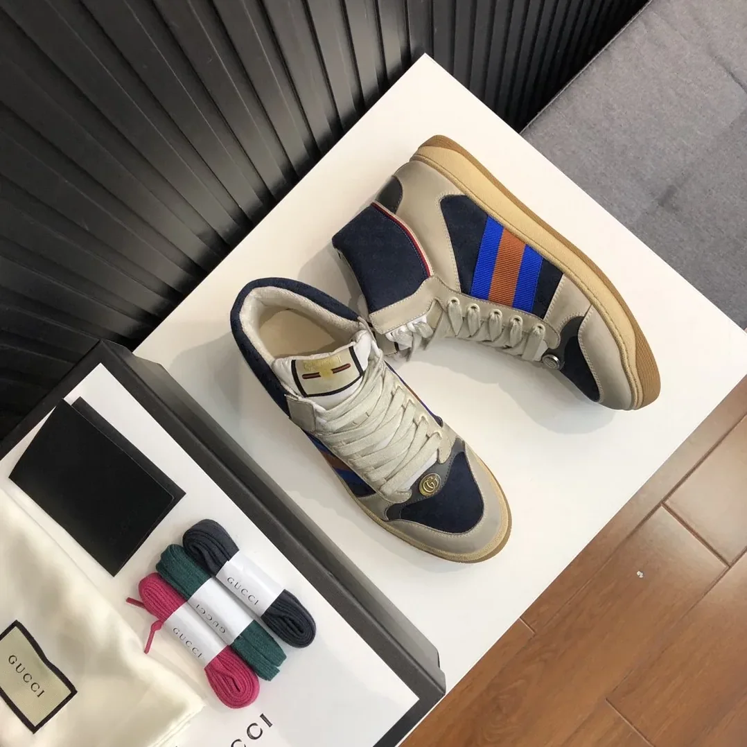 Gucci GG Screener Distressed High Top Off for Men in White Blue Gucci GG Screener Distressed High Top Off for Men in White Blue