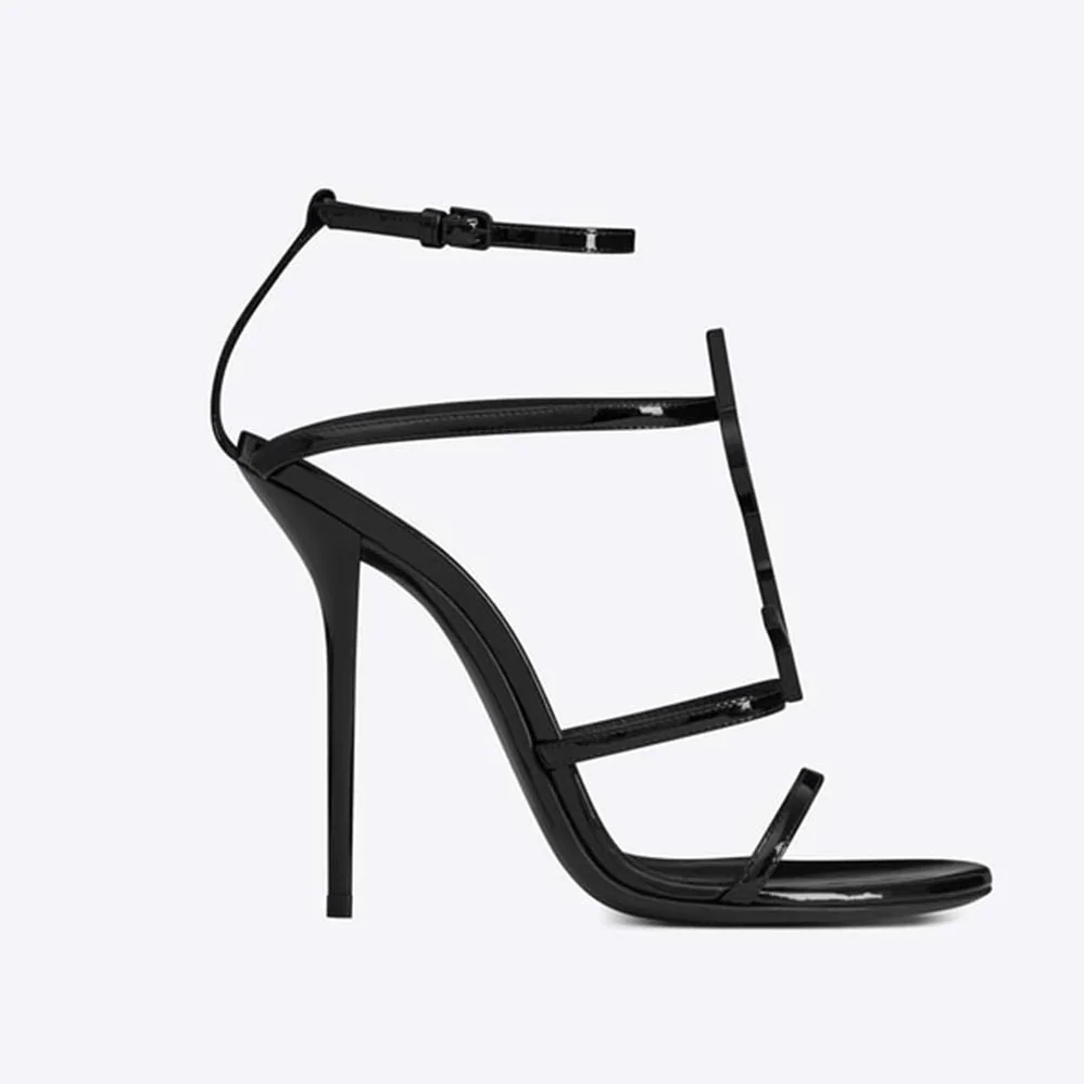 Saint Laurent YSL Cassandra Sandals with Black Logo in Patent Leather (110) Heel Height for Women in Black
