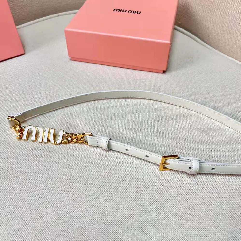 Miu Miu Brushed Leather Belt with Logo for Women in White