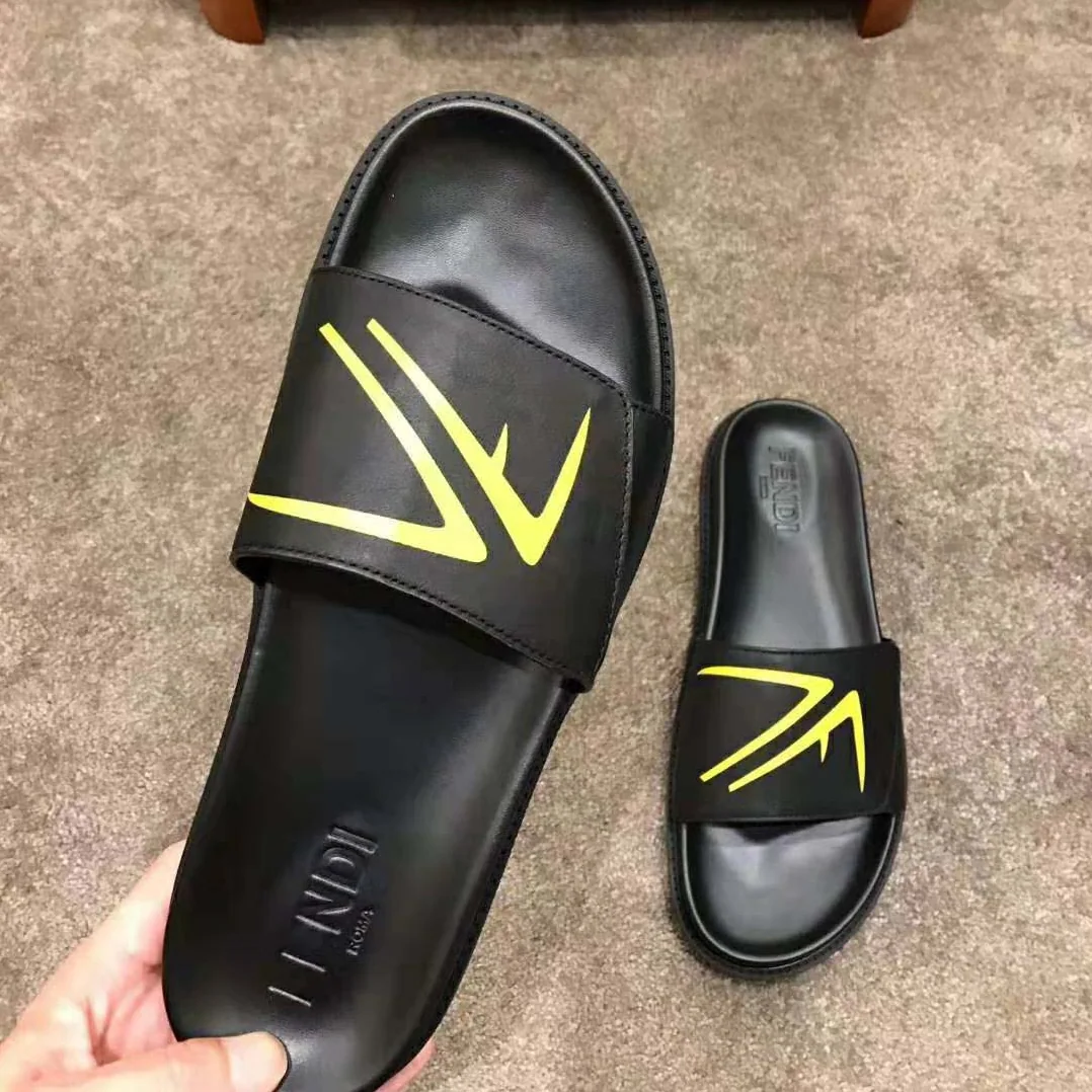 Fendi SLIDES Black Scuba and Leather Slides for Men