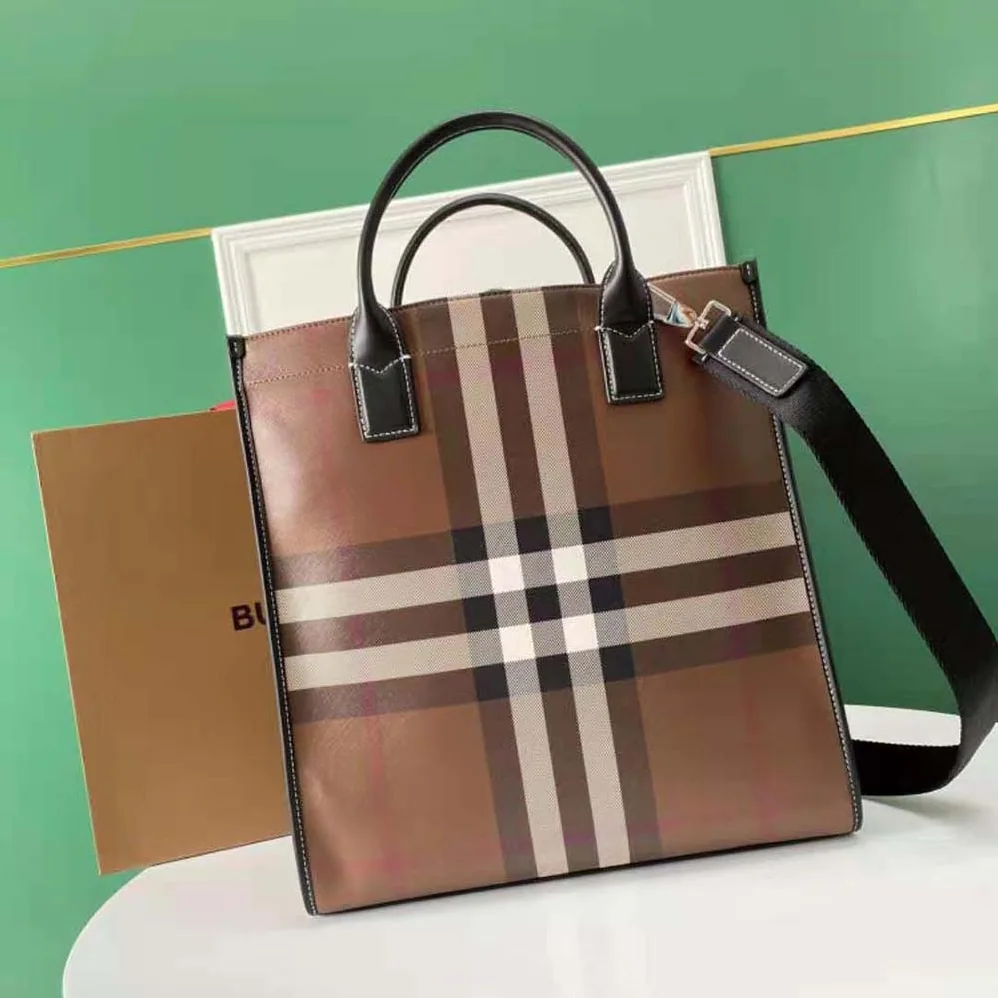 Burberry Exaggerated Check and Leather Slim Tote for Men in Brown
