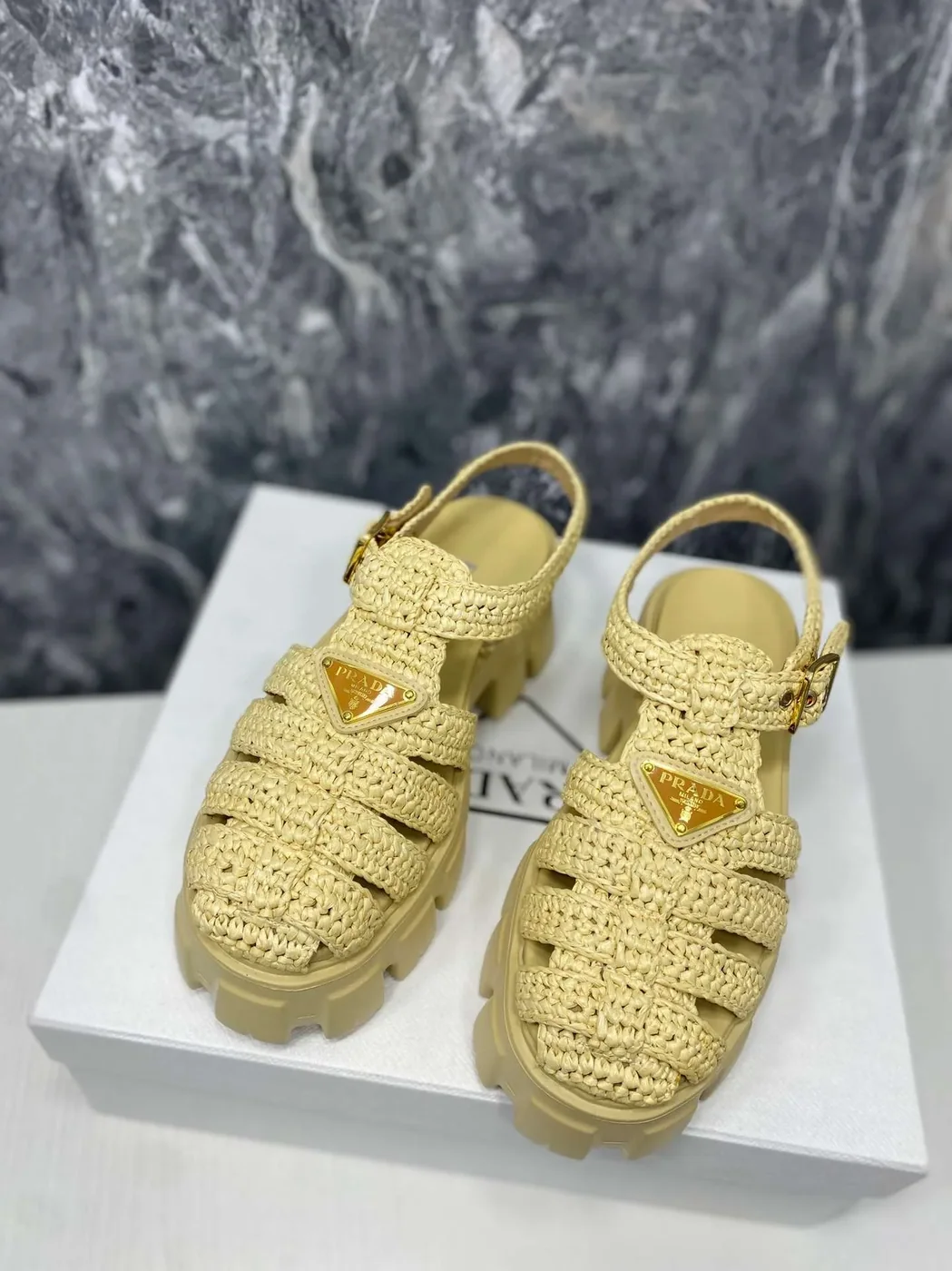 Prada Monolith Crochet Cage Sandals Yellow Prada Monolith Crochet Cage Sandals Yellow