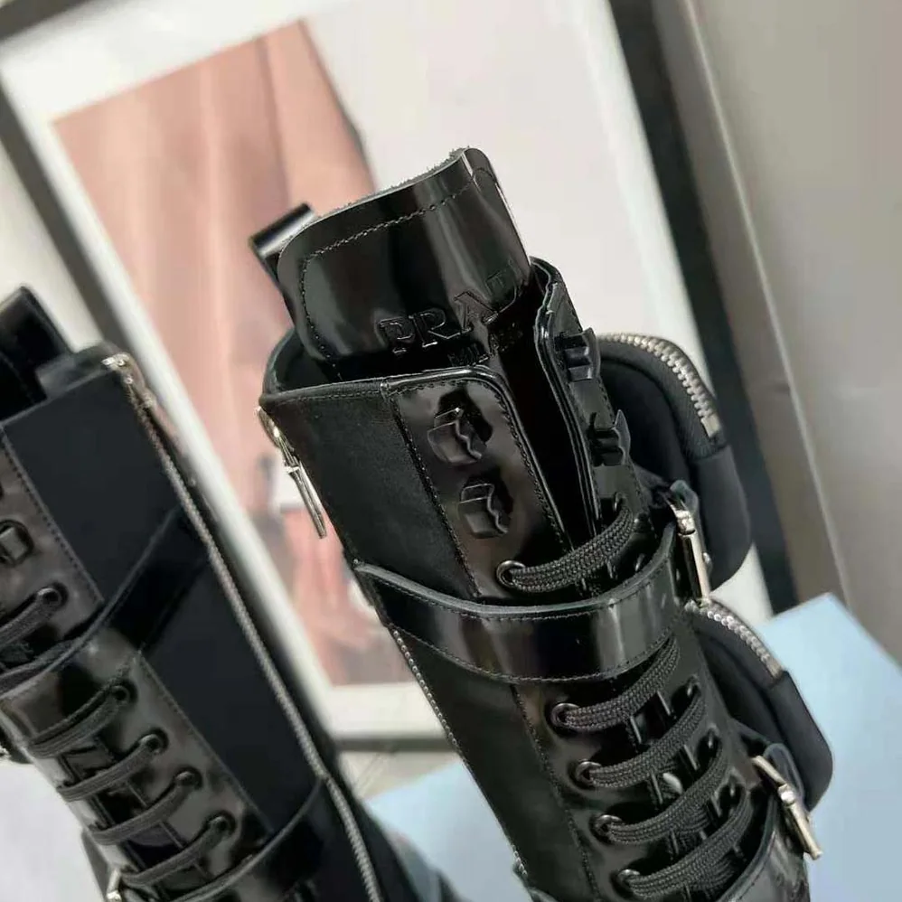Prada Monolith Leather and Nylon Boots for Women in Black Prada Monolith Leather and Nylon Boots for Women in Black