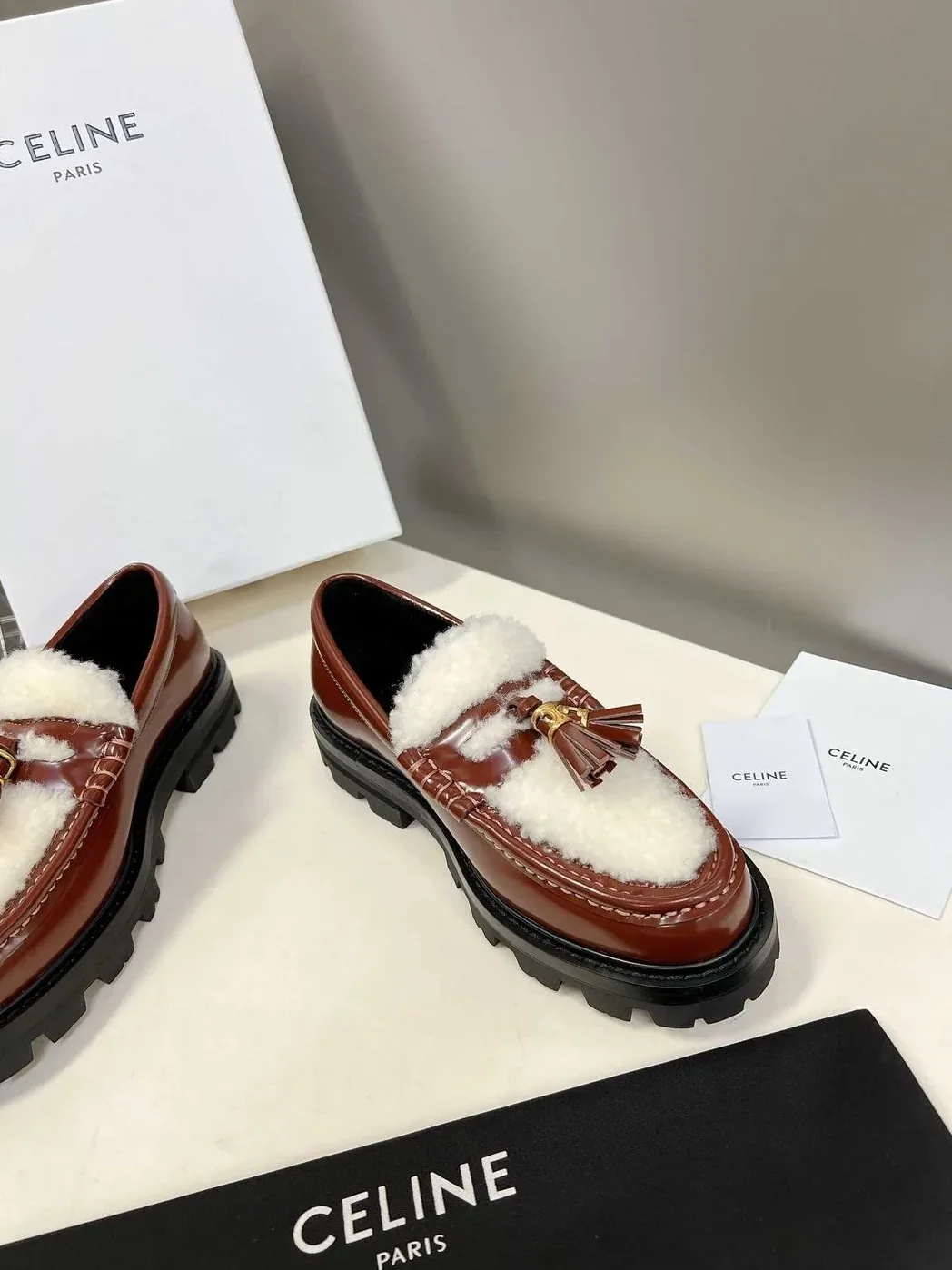 Celine Margaret Fur Loafer With Tassels Burgundy