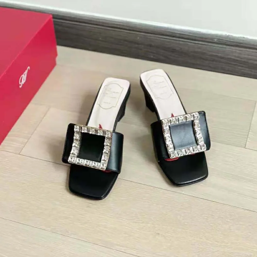 Roger Vivier Biki Love Strass Buckle Mules in Satin for Women in Black Roger Vivier Biki Love Strass Buckle Mules in Satin for Women in Black