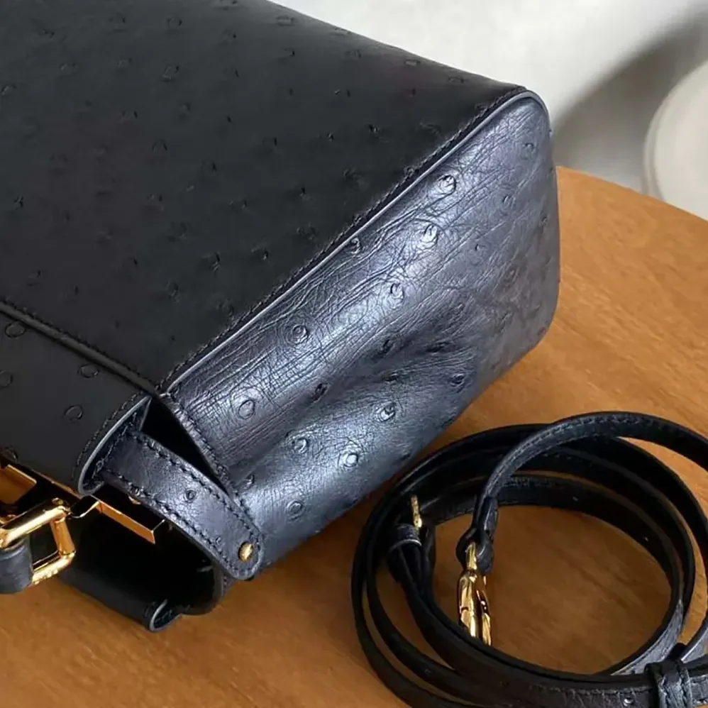 Fendi Peekaboo Iconic Mini Black Ostrich Leather Bag for Women