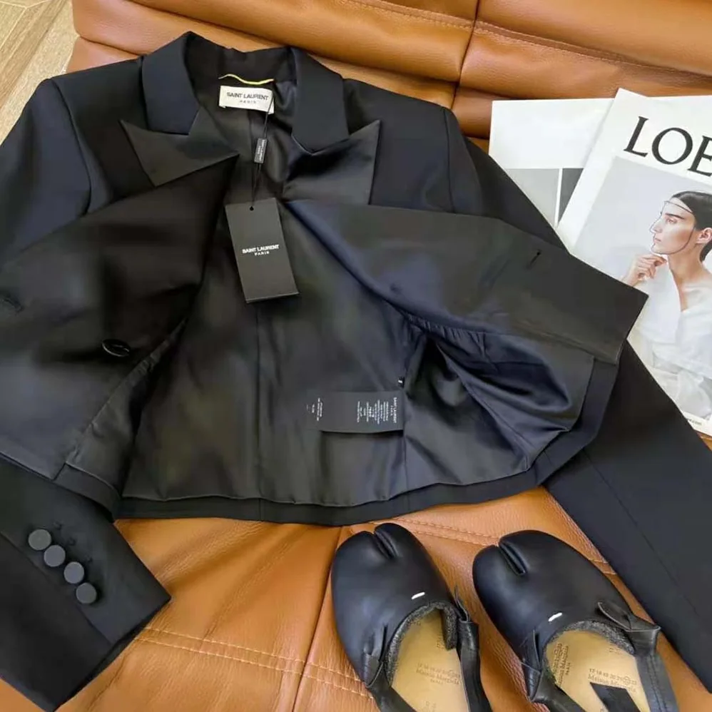 Saint Laurent YSL Cropped Tuxedo Jacket in Grain DE Poudre Saint Laurent for Women Saint Laurent YSL Cropped Tuxedo Jacket in Grain DE Poudre Saint Laurent for Women