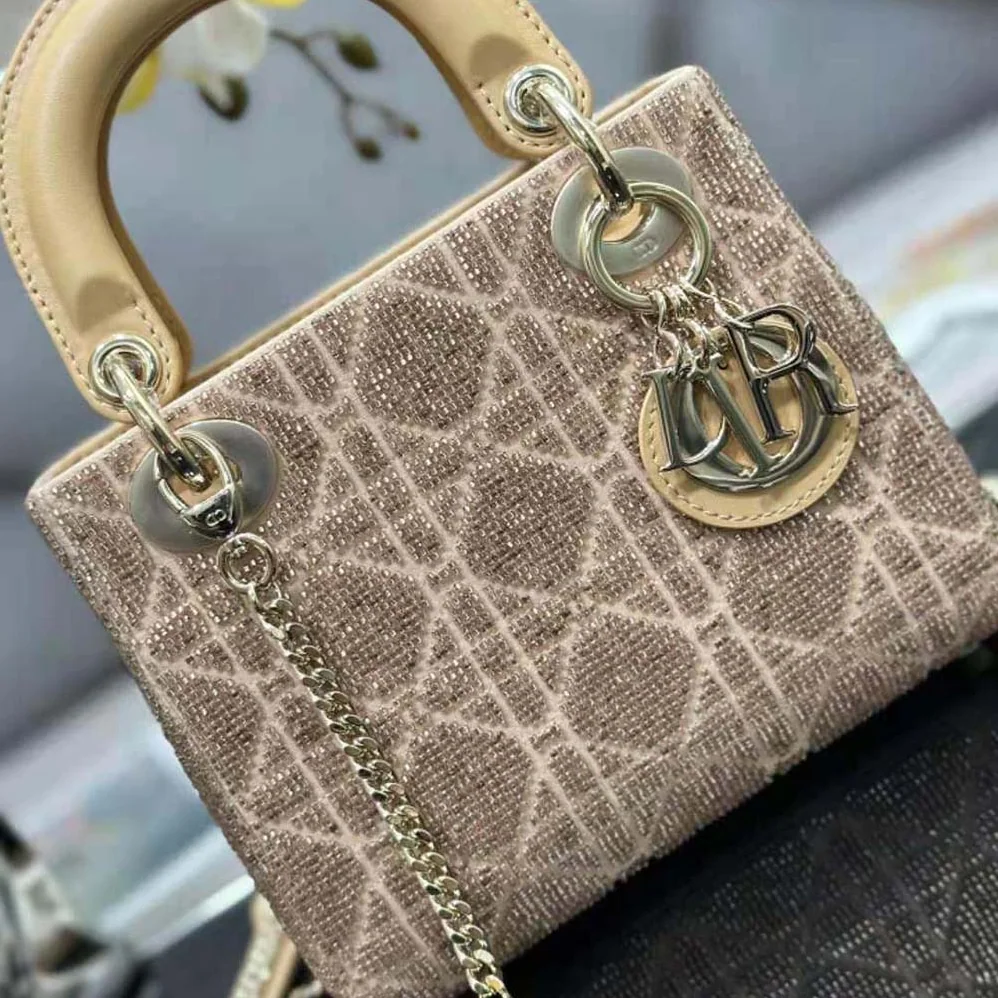 Dior Mini Lady D-joy Bag Caramel Beige Cannage Cotton Embroidered with Micropearls for Women