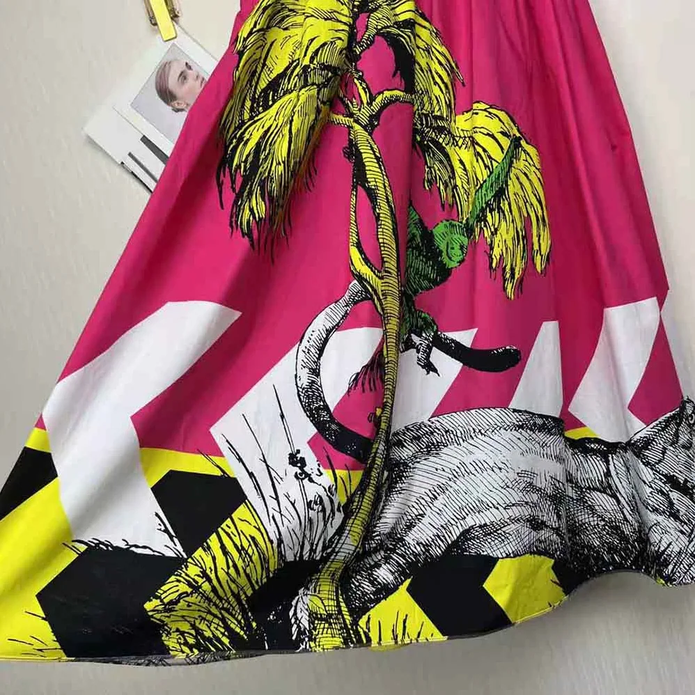 Dior Mid-Length Pleated Skirt Pink Cotton Poplin with Multicolor D for Women in Tiger Pop Motif