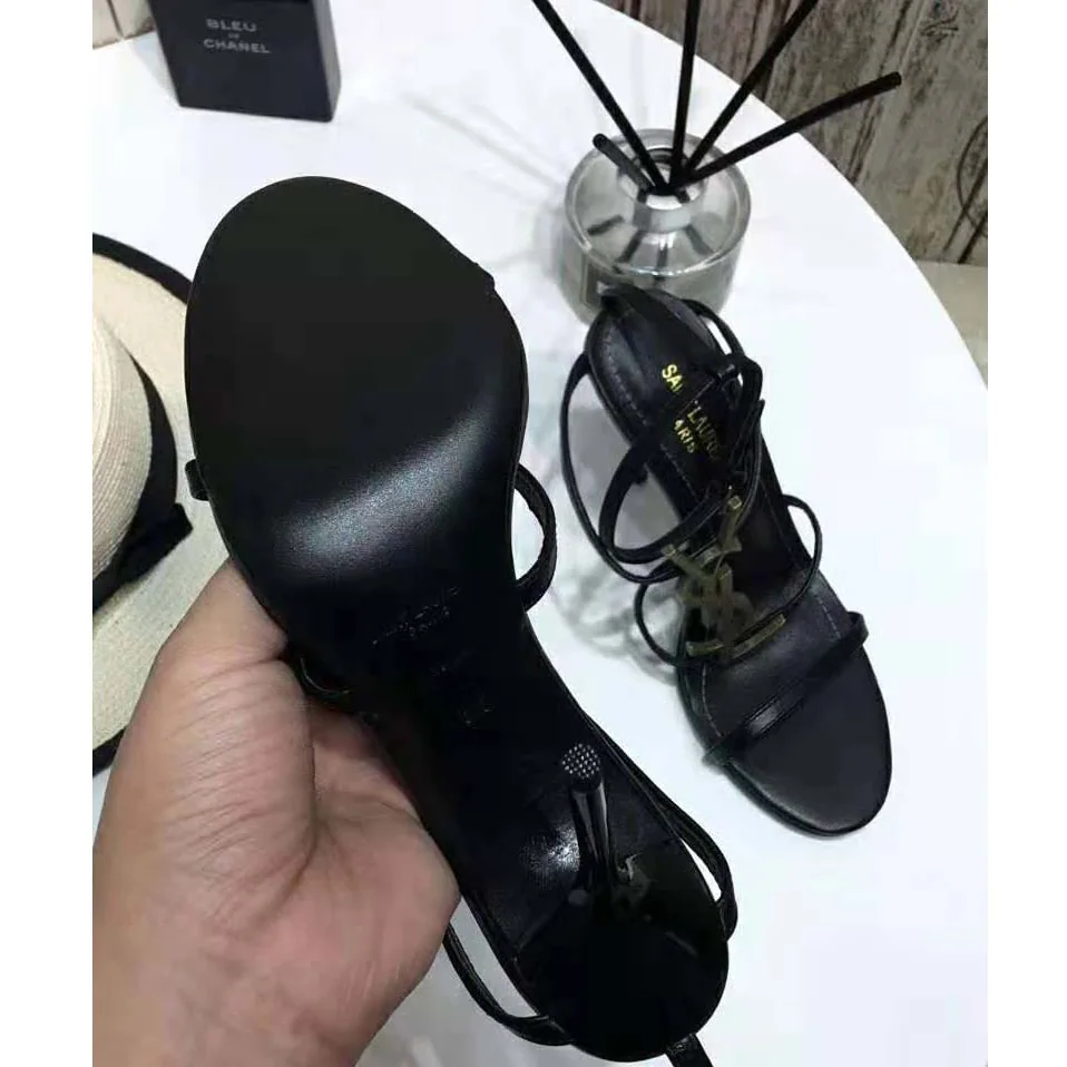Saint Laurent YSL Cassandra Sandals with Black Logo in Patent Leather (110) Heel Height for Women in Black