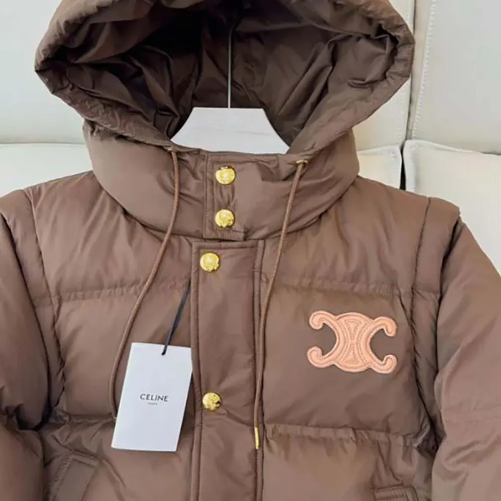 Celine Triomphe Cropped Down Jacket in Lightweight Nylon for Women in Brown