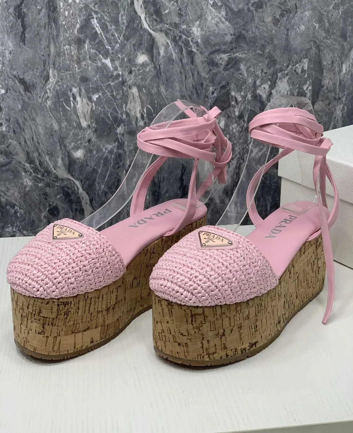 Prada Crochet Wedge Sandals Pink