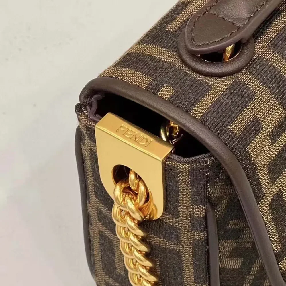Fendi Baguette Chain MidiBrown FF Jacquard Fabric Bag for Women