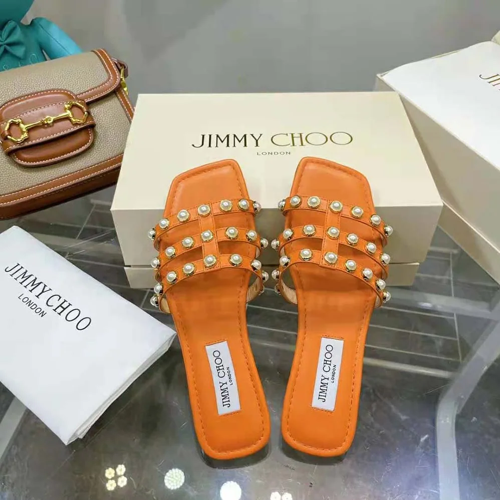 Jimmy Choo Hazal Flat Amber Orange Suede Caged Flats with Pearl Studs for Women Jimmy Choo Hazal Flat Amber Orange Suede Caged Flats with Pearl Studs for Women