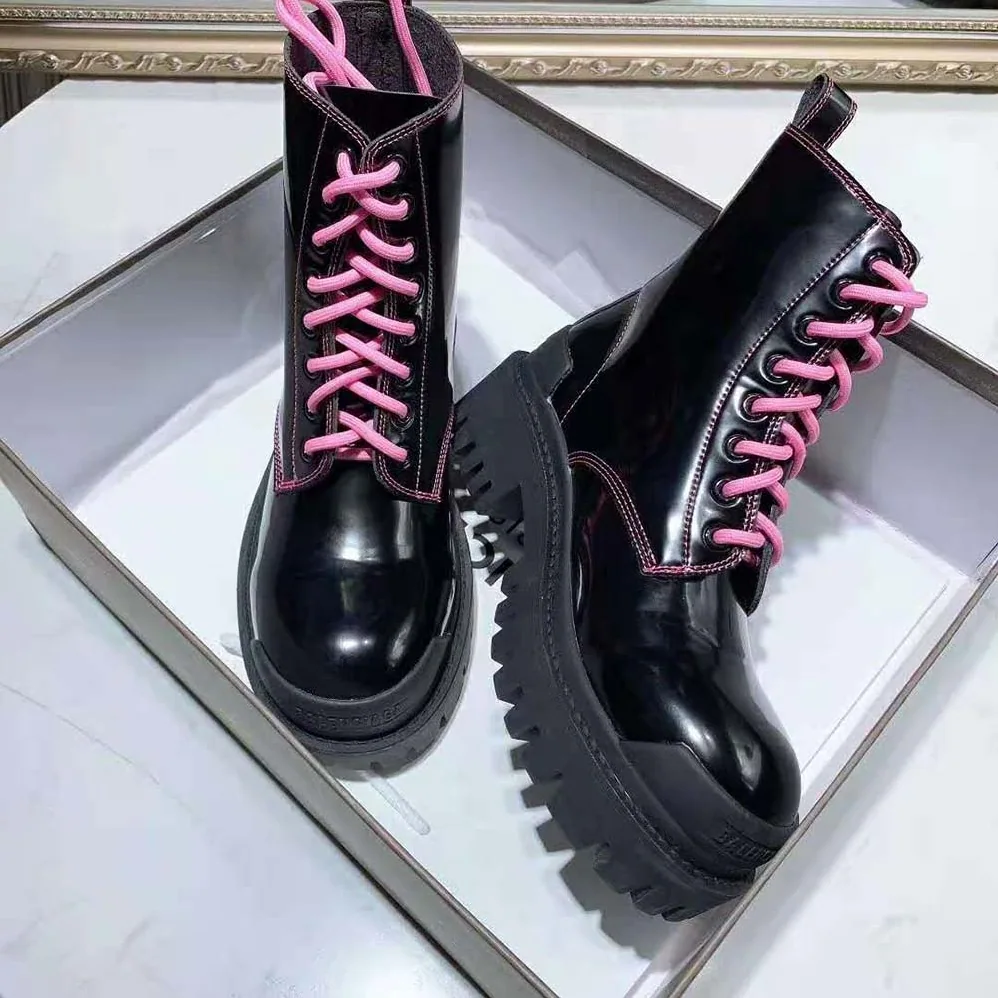 Balenciaga Strike 20mm Lace-Up Boot in Black Matte Calfskin for Women in Pink