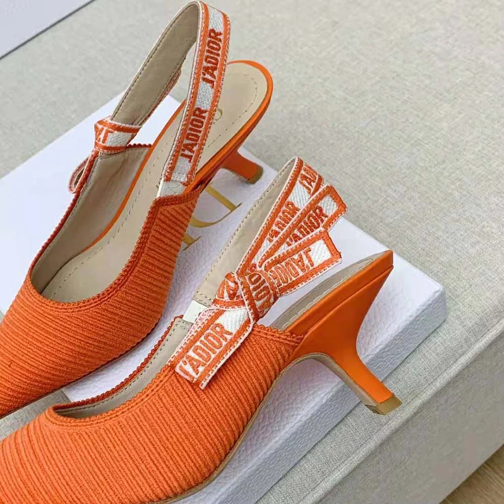 Dior J Adior Slingback Pump Bright Orange Cotton Embroidery for Women