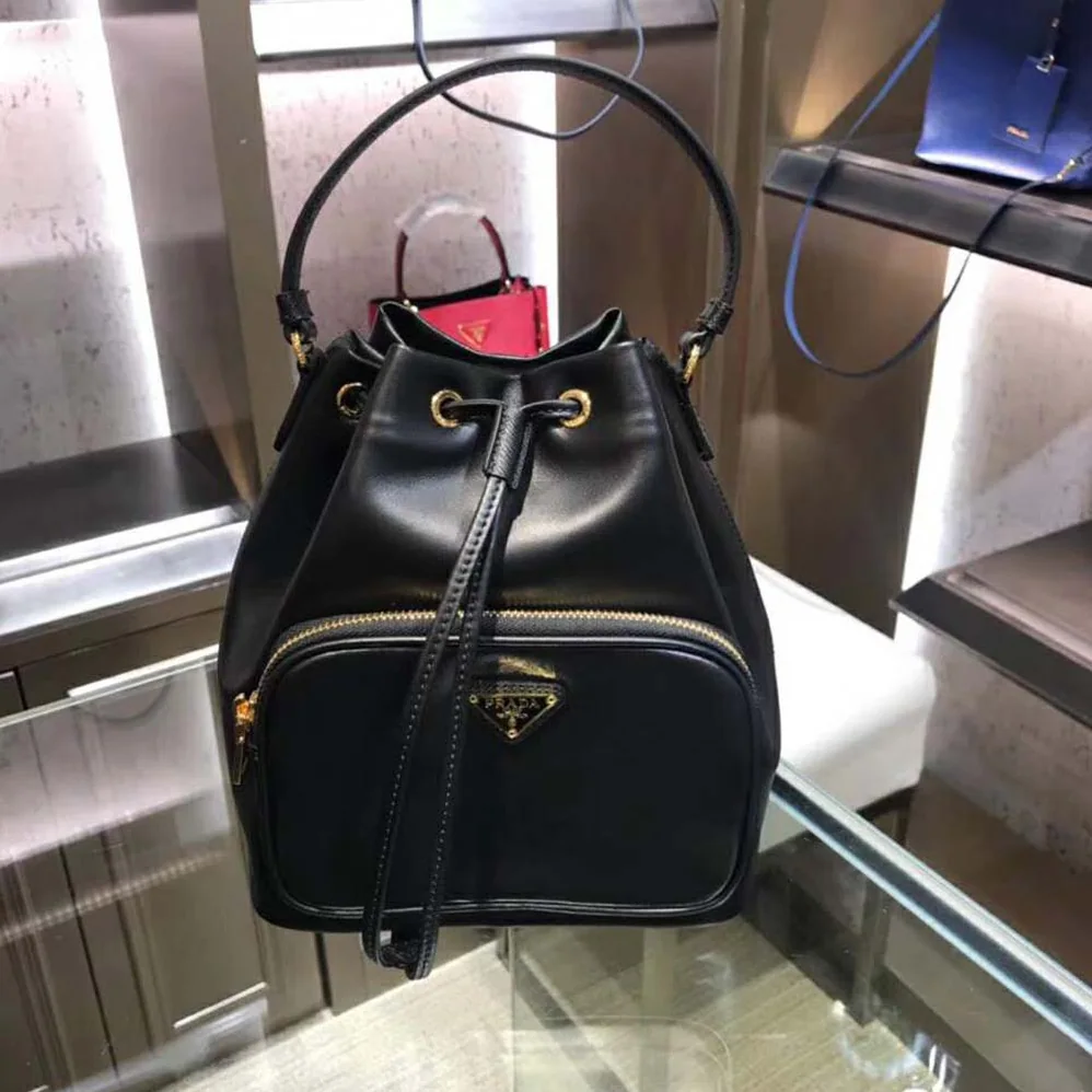 Prada Leather Bucket Shoulder Bag for Women in Black