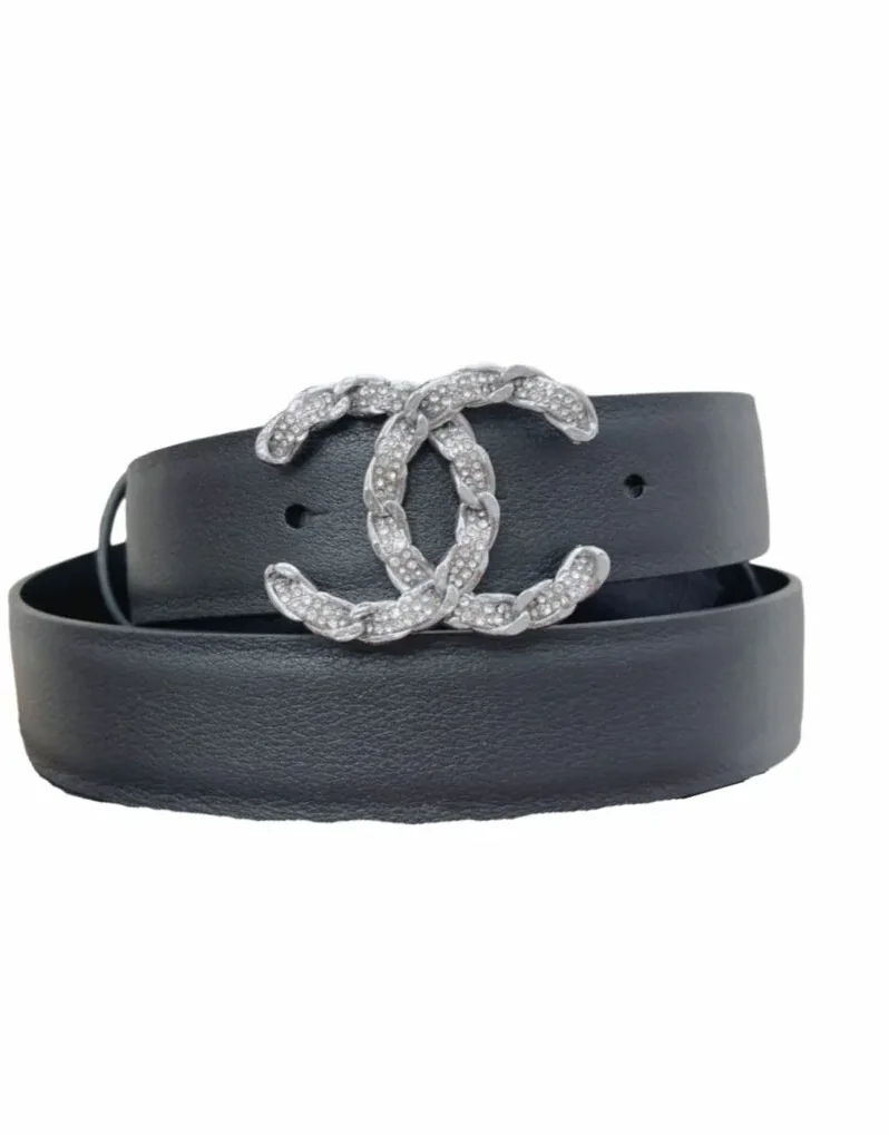 Chanel Shiny Silver Tone Chain Interlocking C Belt Black