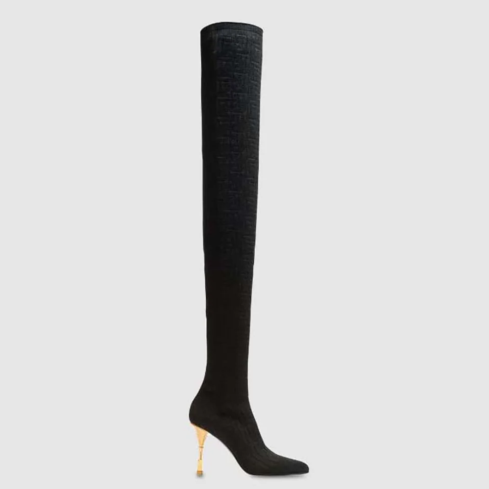 Balmain Moneta Mesh Thigh Boots with Monogram for Women in Black Balmain Moneta Mesh Thigh Boots with Monogram for Women in Black