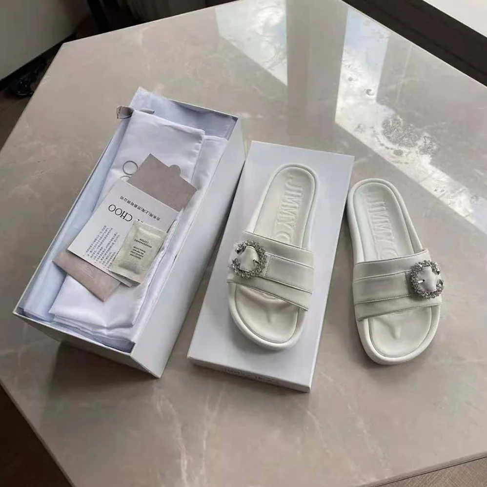 Jimmy Choo Fallon White Nappa Leather Slides with Crystal Buckle for Women Jimmy Choo Fallon White Nappa Leather Slides with Crystal Buckle for Women