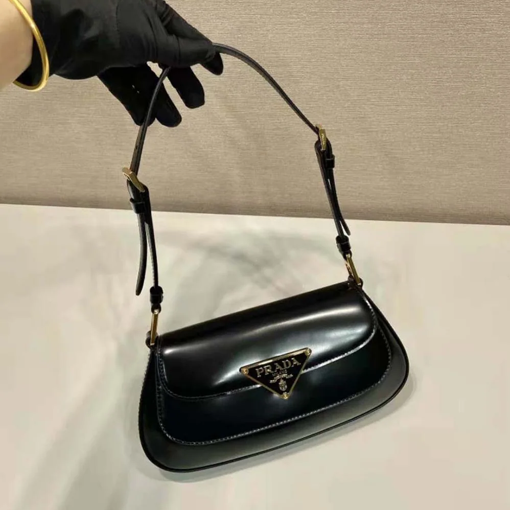 Prada Brushed Leather Shoulder Bag for Women in Black Prada Brushed Leather Shoulder Bag for Women in Black