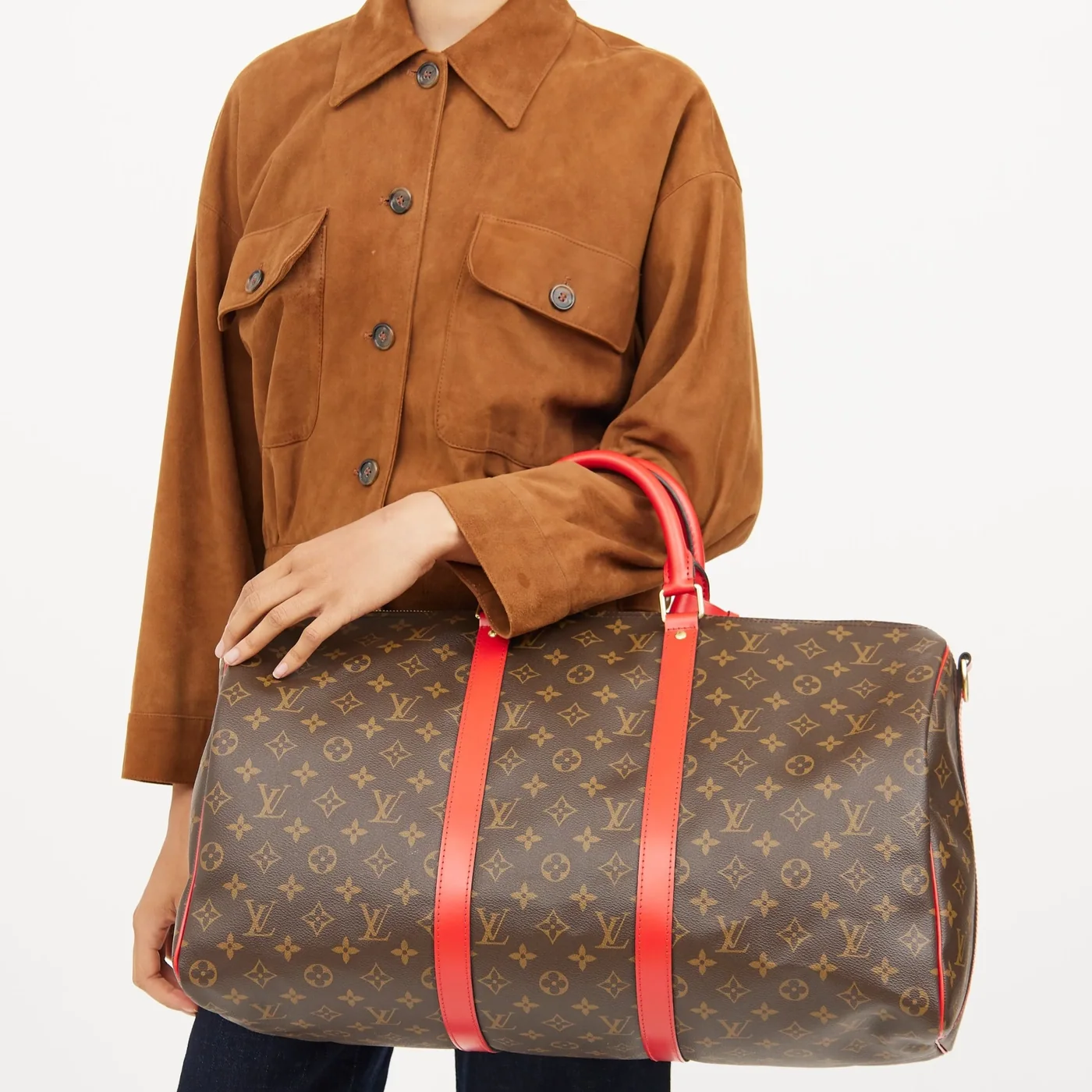 Louis Vuitton Keepall Bandouliere 50 Travel Bag in Brown/ Red Silver Hardware Louis Vuitton Keepall Bandouliere 50 Travel Bag in Brown/ Red Silver Hardware