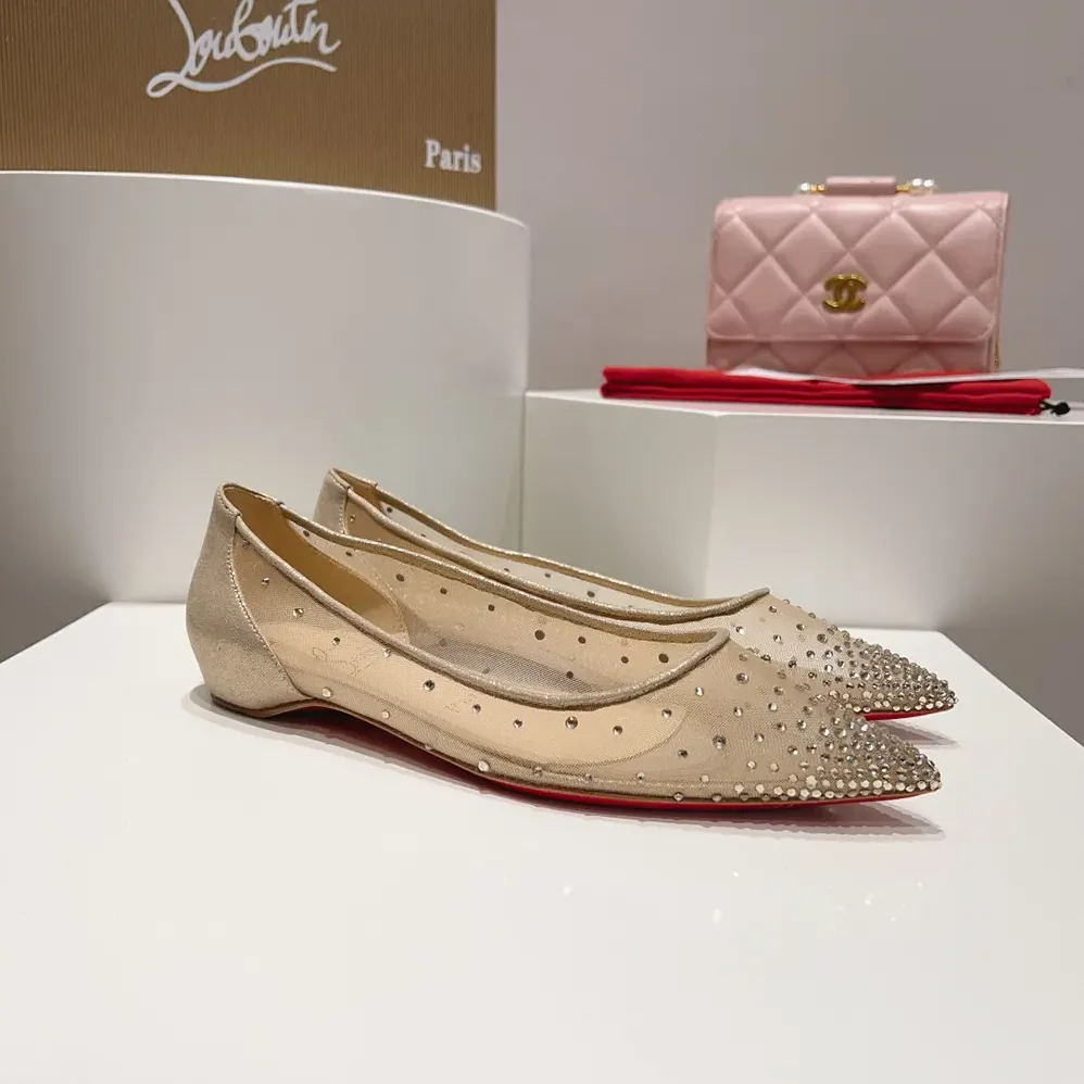 Christian Louboutin Follies Strass Ballerinas Mesh and Suede for Women in Beige Christian Louboutin Follies Strass Ballerinas Mesh and Suede for Women in Beige