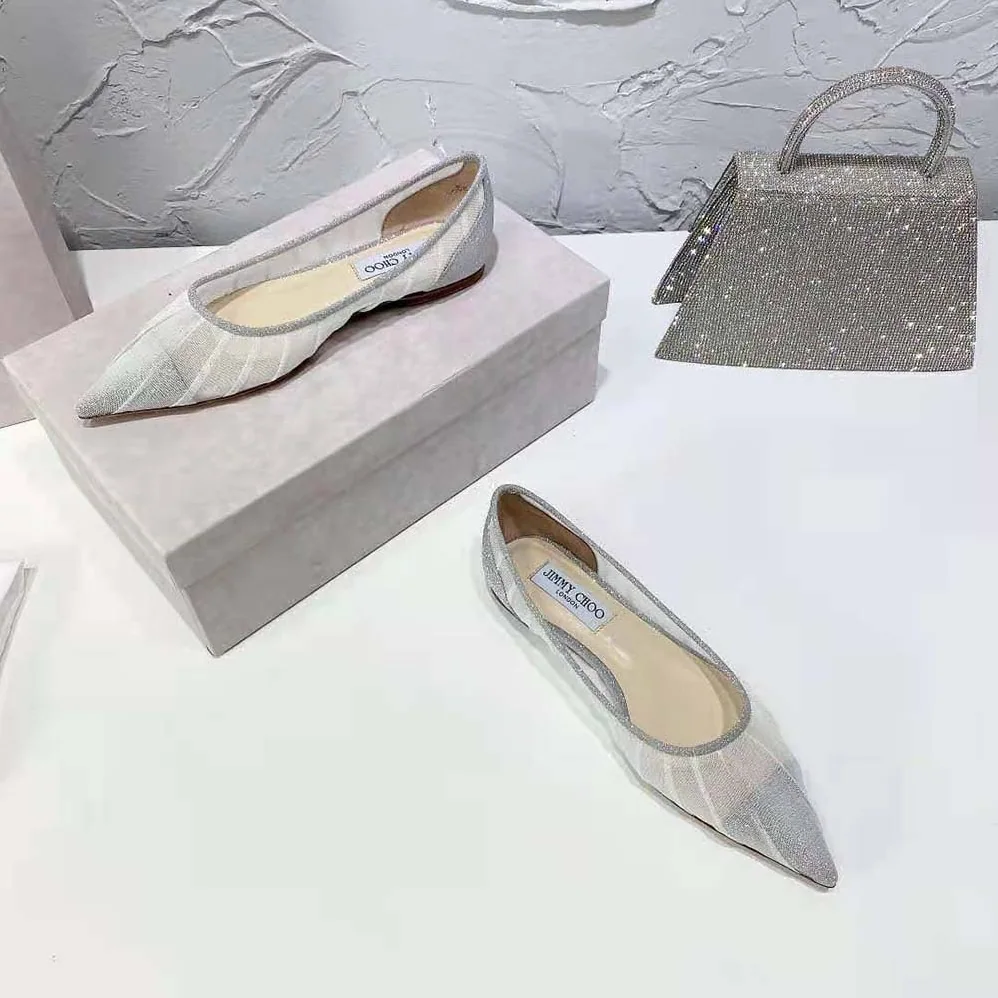 Jimmy Choo Love Flat Metallic Silver Glitter Fabric Flats for Women Jimmy Choo Love Flat Metallic Silver Glitter Fabric Flats for Women