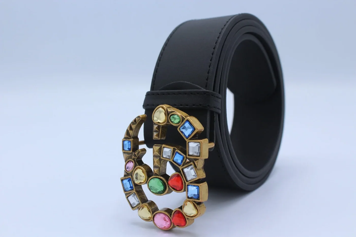 Leather belt with crystal Double G buckle