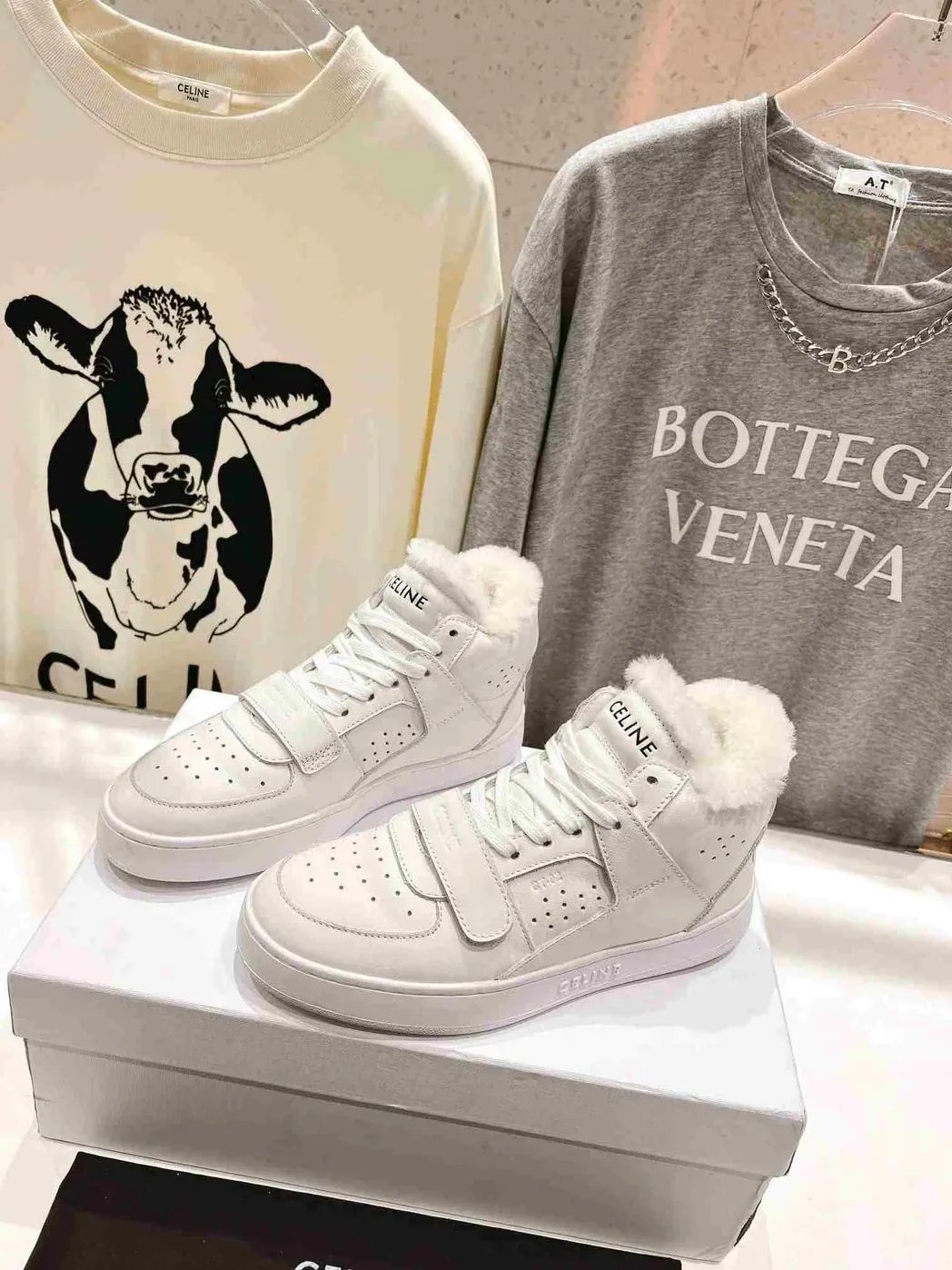 Celine Block Sneakers With Wedge Outsole With Fur White Celine Block Sneakers With Wedge Outsole With Fur White