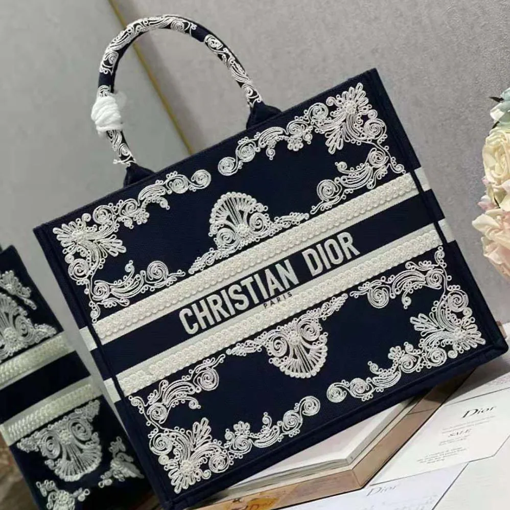 Dior Large Dior Book Tote Blue and White Cornely for Women in Effect Embroidery