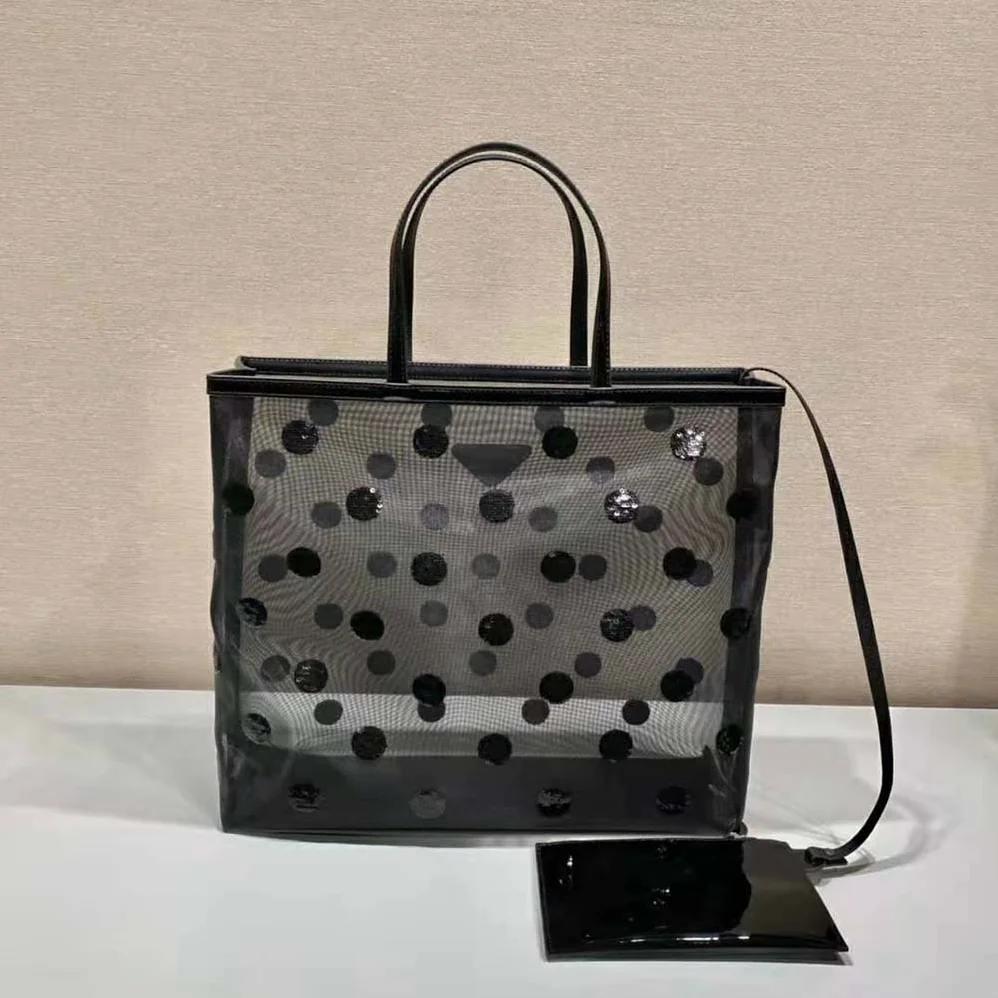 Prada Polka-Dot Mesh Tote Bag for Women in Black Prada Polka-Dot Mesh Tote Bag for Women in Black