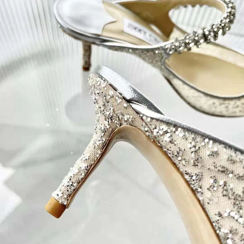 Jimmy Choo BING 100 Silver Glitter Tulle Mules with Crystal Strap for Women