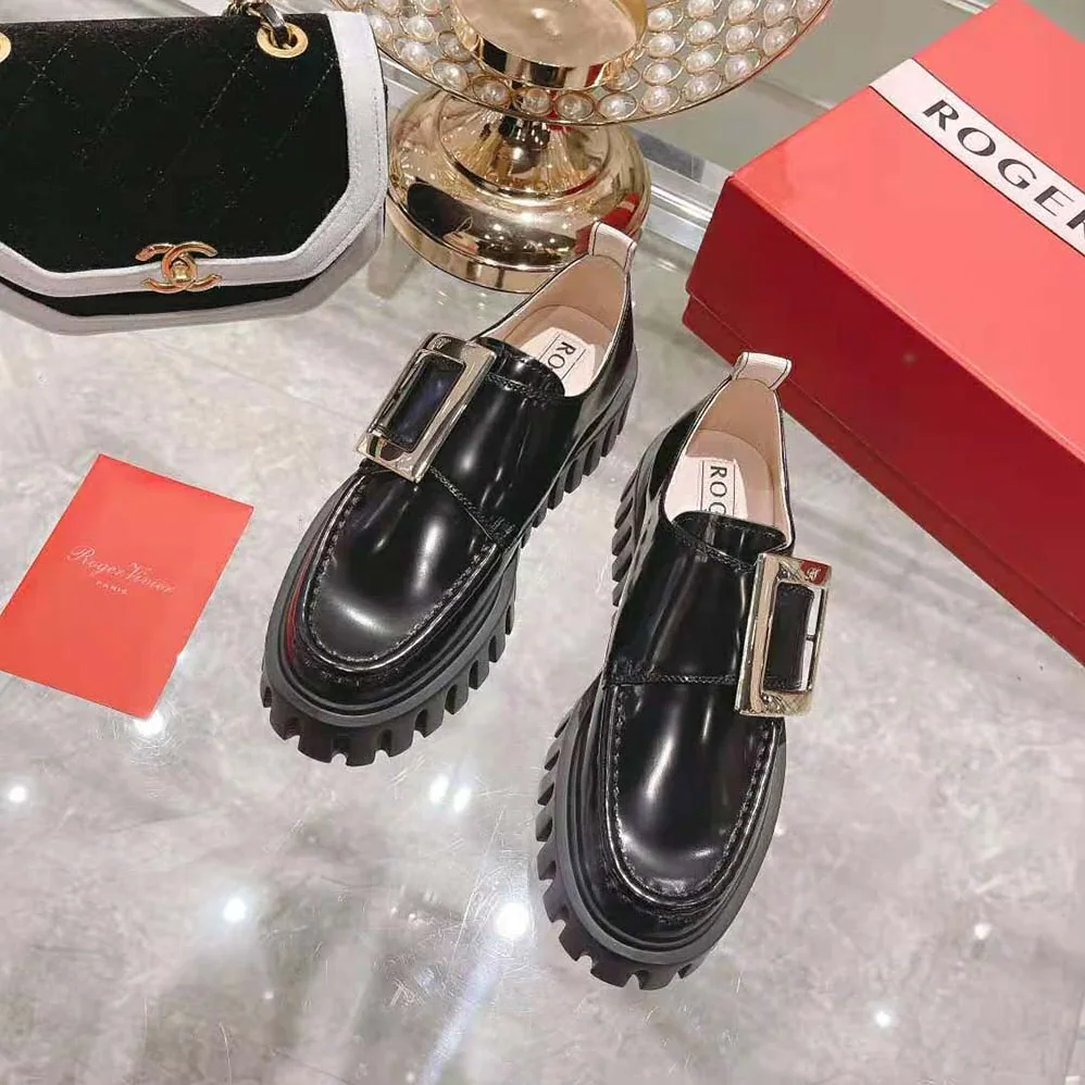 Roger Vivier Viv Go-Thick Metal Buckle Loafers in Patent Leather for Women in Black Roger Vivier Viv Go-Thick Metal Buckle Loafers in Patent Leather for Women in Black