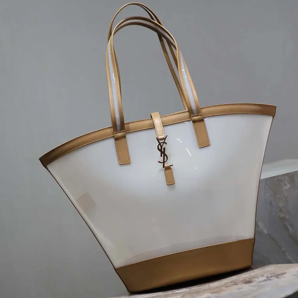 Saint Laurent YSL Panier Medium in Vinyl and Vegetable-tanned Leather for Women in Beige