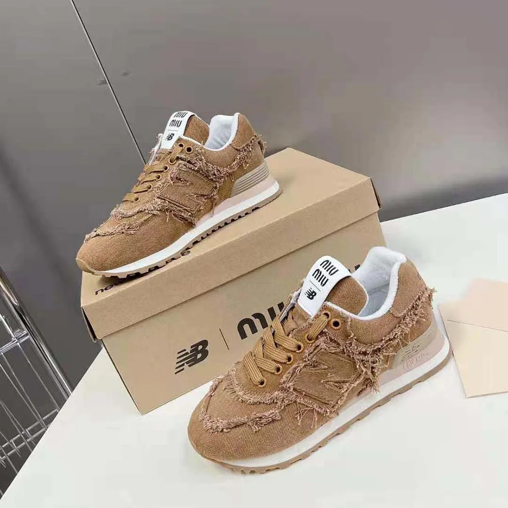 Miu Miu New Balance 574 x Miu Miu Marbleized Denim Sneakers for Women in Brown
