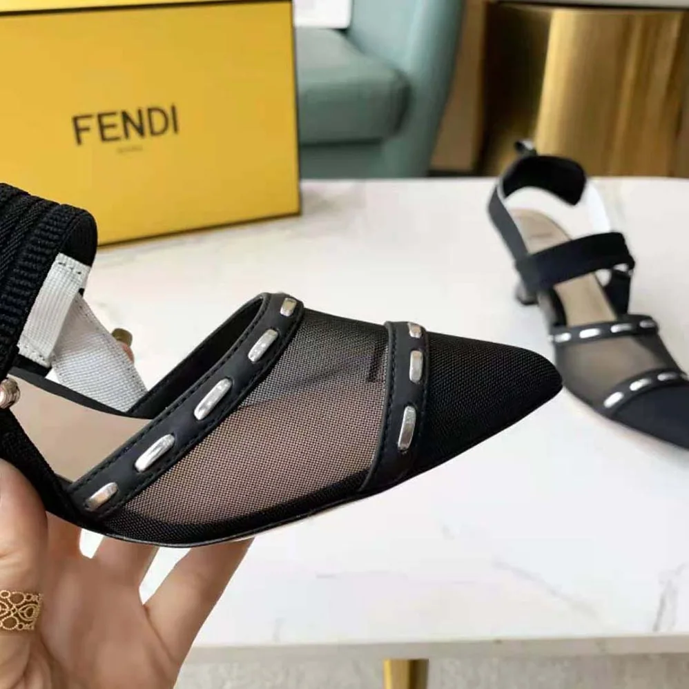 Fendi Colibri Black Mesh Medium-Heel Slingbacks with Metal Stitches for Women