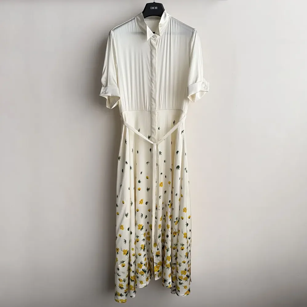 Dior Mid-Length Flared Shirtdress White Cotton Poplin with Yellow and Green Dior Buttercup Motif for Women Dior Mid-Length Flared Shirtdress White Cotton Poplin with Yellow and Green Dior Buttercup Motif for Women
