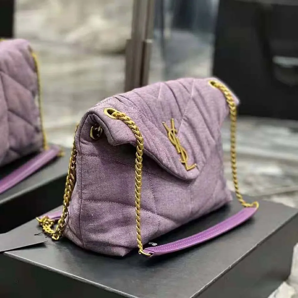 Saint Laurent YSL Puffer Small Bag in Denim and Smooth Leather for Women