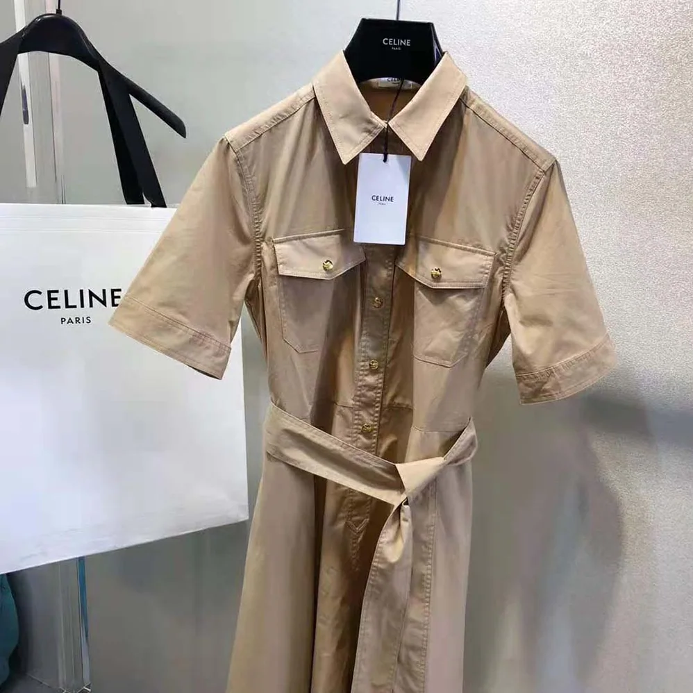 Celine Shirt Dress in Lightweight Cotton for Women in Brown Celine Shirt Dress in Lightweight Cotton for Women in Brown