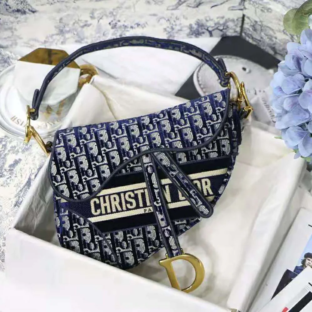 Dior Saddle Bag Blue Dior Oblique Embroidery for Women