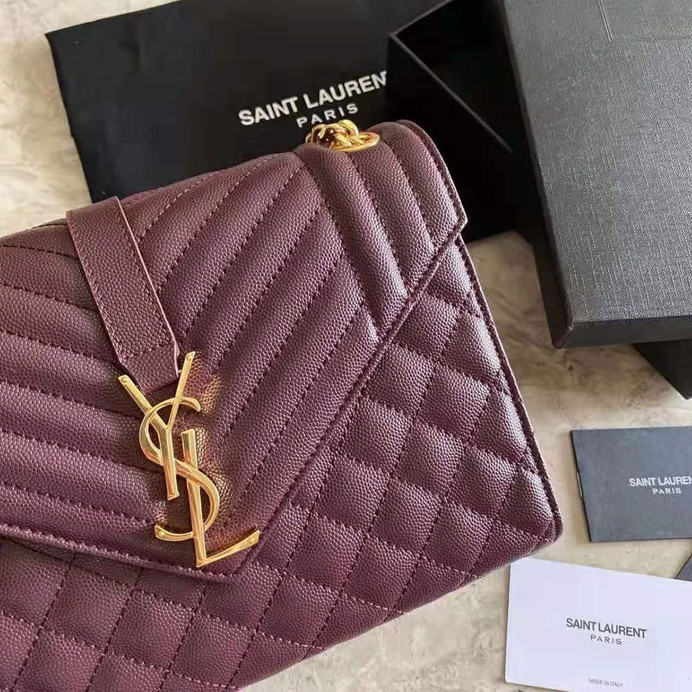 Saint Laurent YSL Envelope Medium Bag in Mix Matelasse Grain DE Poudre Embossed Leather for Women in Maroon