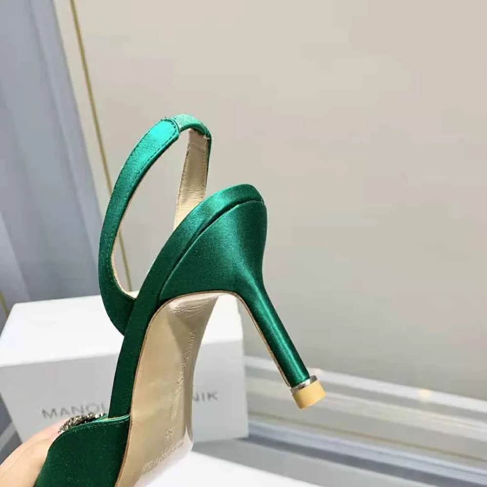 Manolo Blahnik Green Satin Jewel Buckle Slingback Pumps for Women Manolo Blahnik Green Satin Jewel Buckle Slingback Pumps for Women