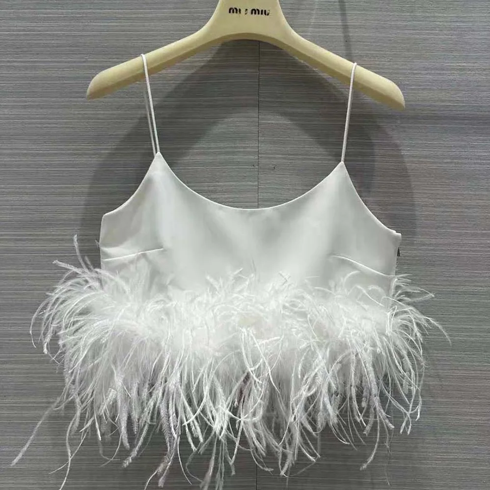 Miu Miu Stretch Cady Top with Feathers for Women in White