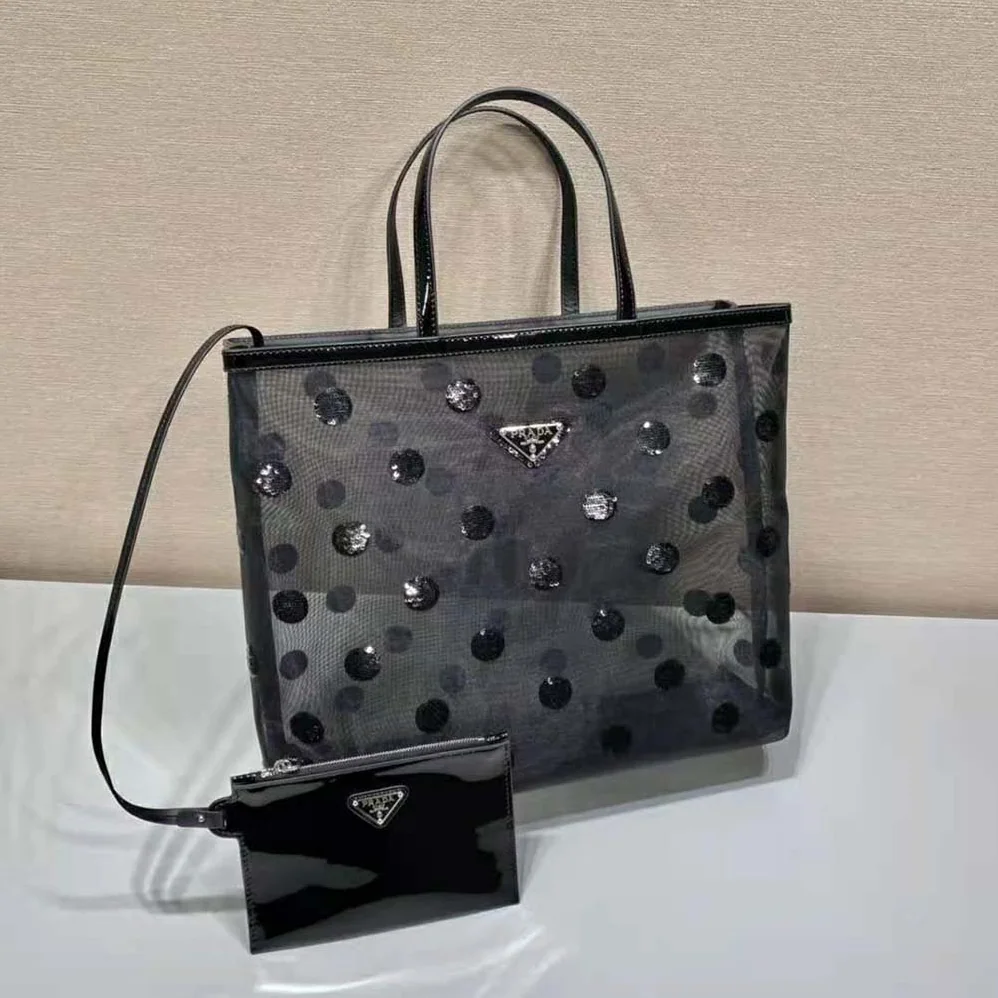 Prada Polka-Dot Mesh Tote Bag for Women in Black Prada Polka-Dot Mesh Tote Bag for Women in Black